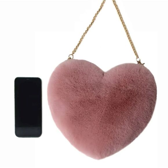 Heart Shaped Fluffy Shoulder Bag, Fashion Chain Crossbody Bag, Cute Zipp… - Picture 4 of 5